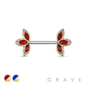 CRYSTAL STONE THREE PETAL FLOWER DESIGN 316L SURGICAL STEEL NIPPLE BAR